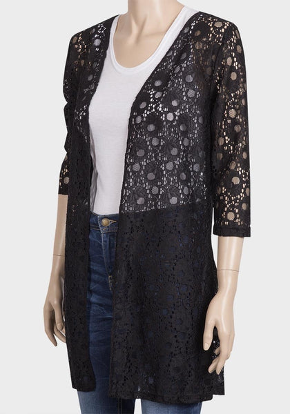 Black Long Sheer Lace Net Cardigan - Asian Party Wear