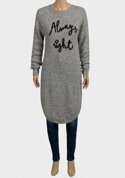 Grey Designer Slogan Jumper Dress - Asian Party Wear