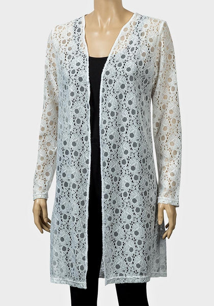 Brilliant White Long Sheer Lace Net Cardigan - Asian Party Wear