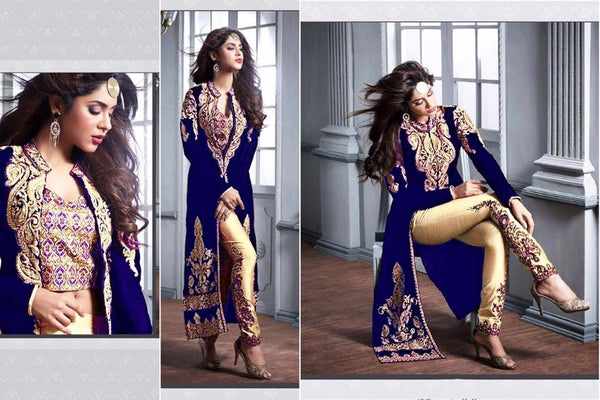 ZM20004-A BLUE AND GOLD GEORGETTE PARTY WEAR ANARKALI SUIT - Asian Party Wear