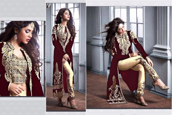 M20004-B RED AND GOLD GEORGETTE PARTY WEAR ANARKALI SUIT - Asian Party Wear