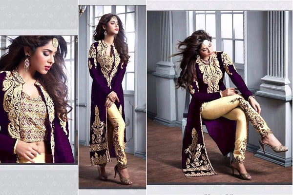 M20004-C PURPLE AND GOLD GEORGETTE PARTY WEAR ANARKALI SUIT - Asian Party Wear