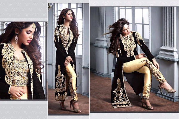 ZM20004-D BLACK AND GOLD GEORGETTE PARTY WEAR ANARKALI SUIT - Asian Party Wear