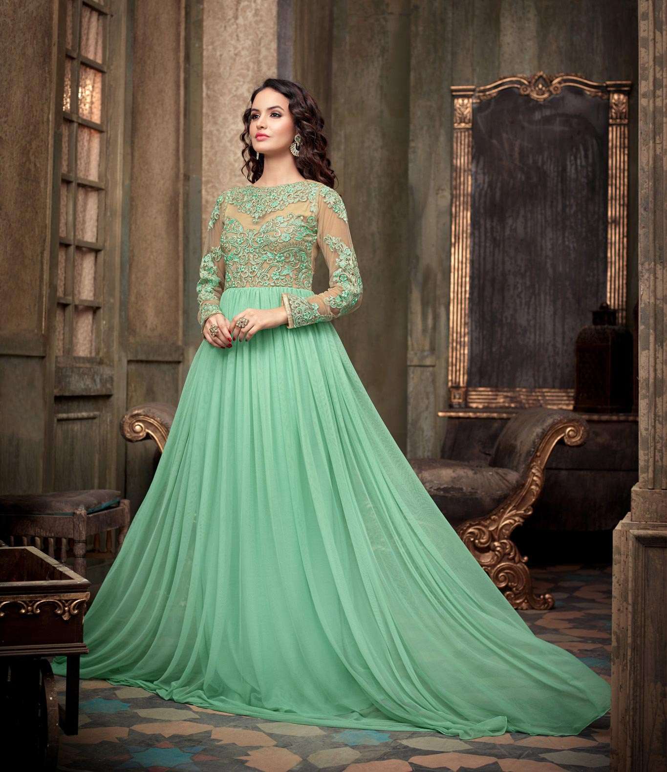 MA-2203 Mint Green with Beige Maskeen Maisha Crush Anarkali Grown (Ma2203)- Mint Green with Beige Maskeen Maisha Crush Anarkali Grown (M MA-2203 Mint Green with Beige Maskeen Maisha Crush Anarkali Grown (Ma2203)- Mint Green with Beige Maskeen Maisha Crush Anarkali Grown (M