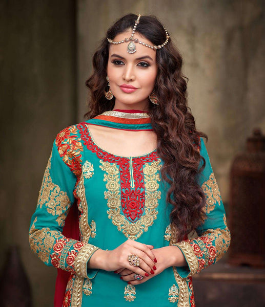 MA2210 Red and Blue Green Maskeen Maisha Crush Bridal Lengha - Asian Party Wear