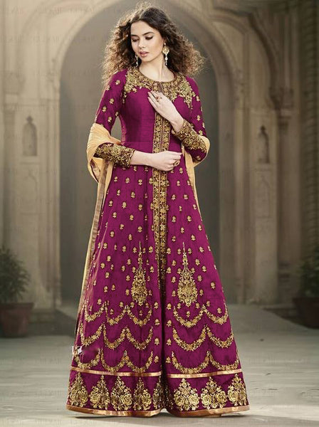 Magenta Silk Anarkali Leheng -  Leheng for Women - Asian Party Wear