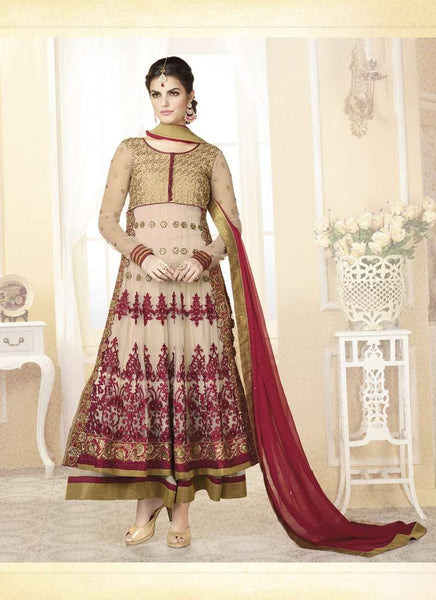 Mehak Beige With Maroon Wedding Wear Georgette & Net Anarkali Suit - Asian Party Wear