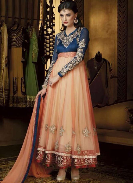 Mehak Blue and Orange Net Long Length Designer Dress - Asian Party Wear