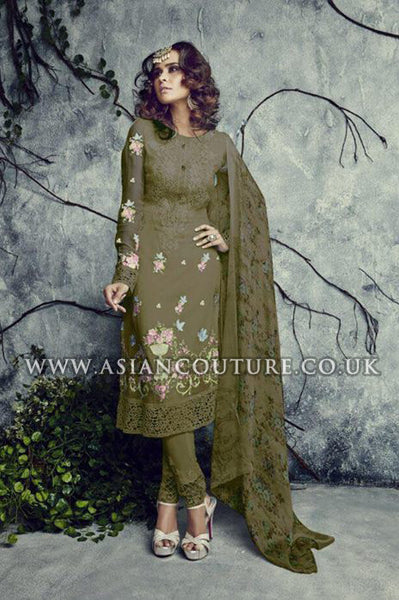 Mehndi Colour Indian Pakistani Georgette Churidar Party Wear Suit - Asian Party Wear