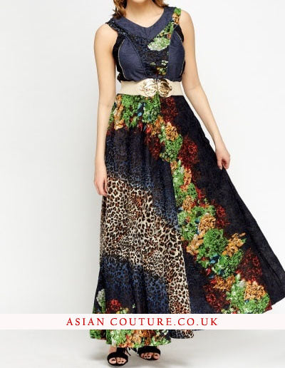 Marvelous Mesh Overlay Belted Maxi Dress - Asian Party Wear