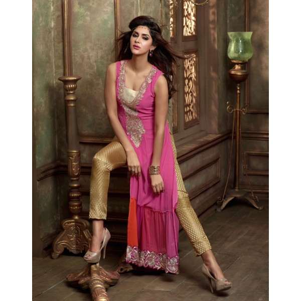 ML2405 Pink And Gold Lavish Maisha Party Dress - Asian Party Wear