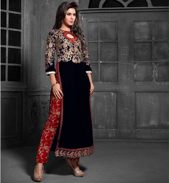 MS12012 Black With Red MAISHA MASKEEN STYLE Dress In Velvet Material - Asian Party Wear