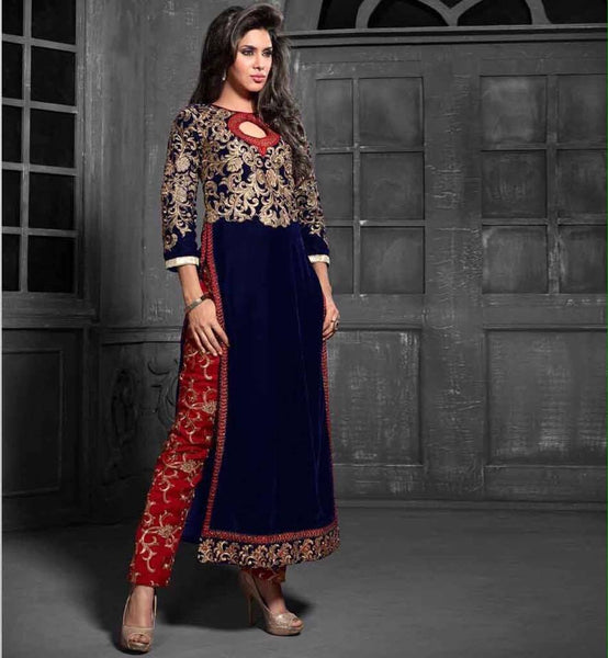 MS12012 Navy Blue With Red MAISHA MASKEEN Dress In Velvet Material - Asian Party Wear