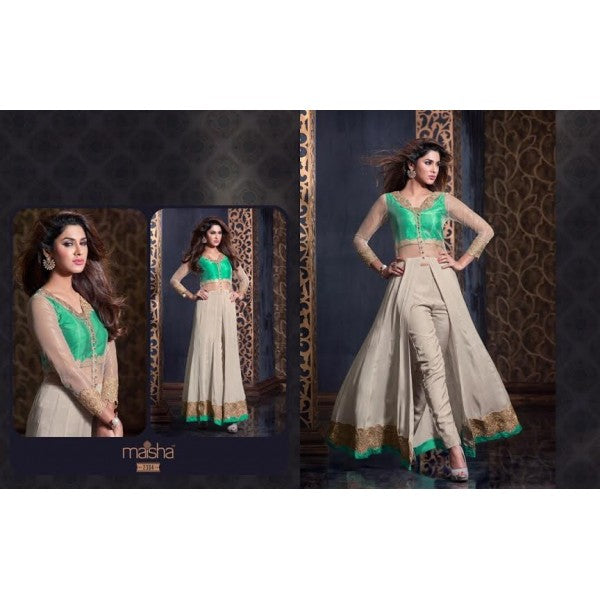 MS2304- Green And Cream MAISHA HARMAN PARTY WEAR SUIT - Asian Party Wear