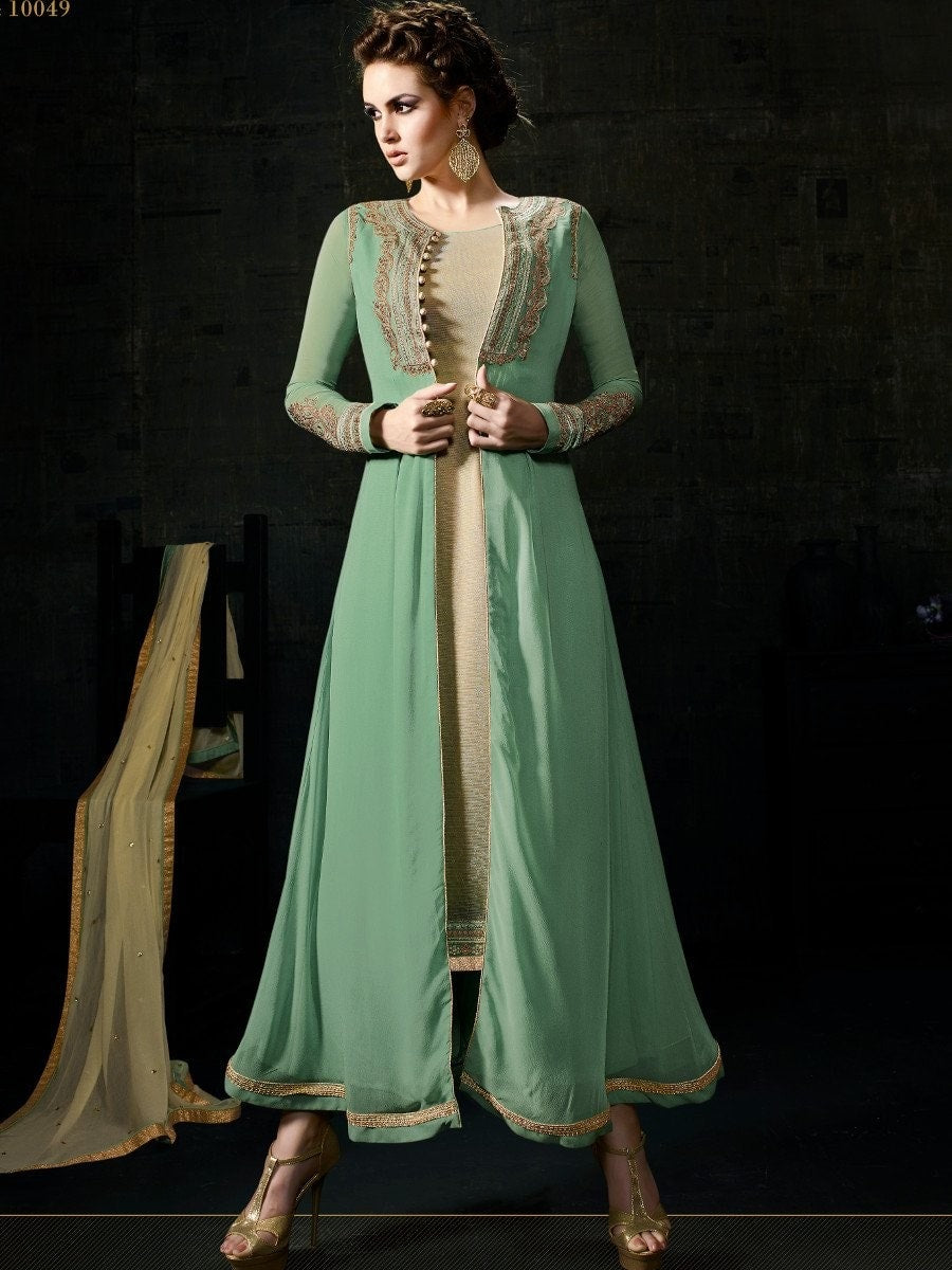 Dark Green Jacket Style Chinon Embroidered Wedding Anarkali Gown : r/Dresses
