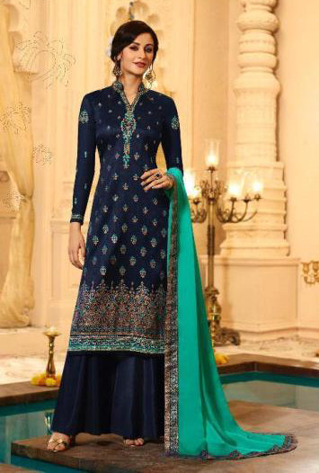 Navy Blue Banarasi Jacquard Pakistani Party Wear Festive Suit (2 Weeks Delivery) - Asian Party Wear