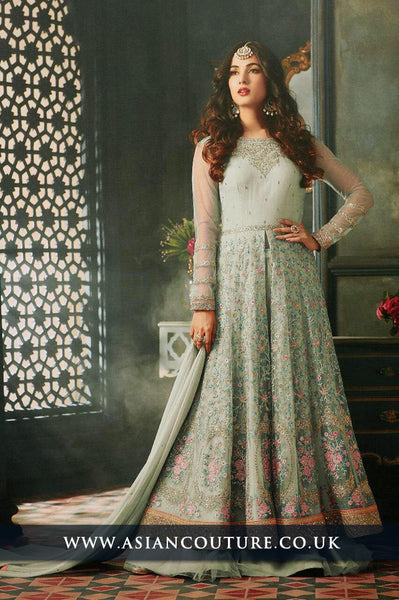 Nile Green Indian Party Wear Asian Anarkali Wedding Bridal Gown Dress - Asian Party Wear