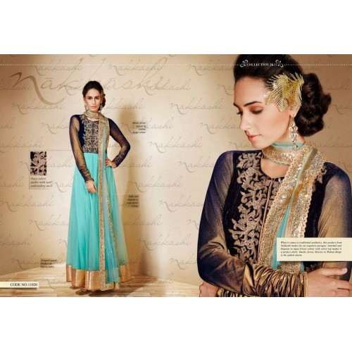 NAVYBLUE AQUA Nakkashi Heavy Bridal EID Designer Dress Ready Made In XSmall Size - Asian Party Wear