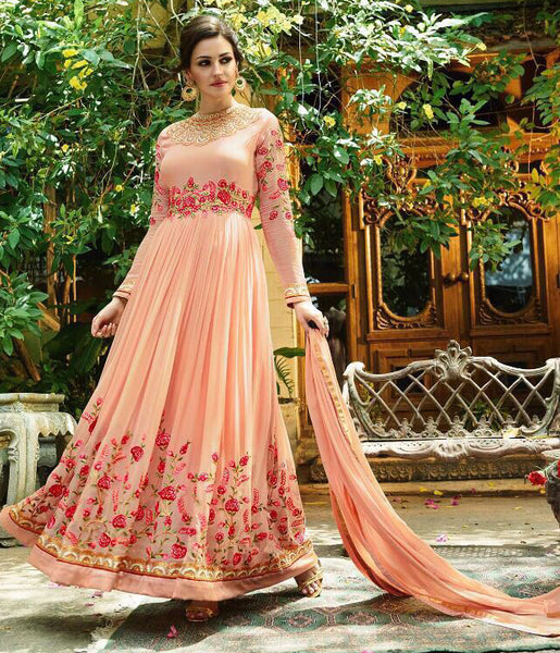 PEACH FLORAL EMBROIDERED EVENING AND WEDDING WEAR GOWN - Asian Party Wear