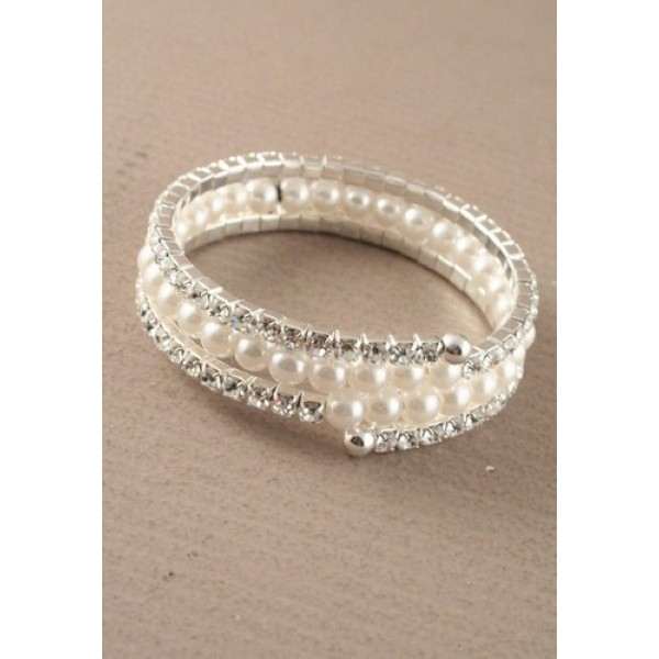 Pearl beads and Silver Crystal Coiled Bangle - Asian Party Wear