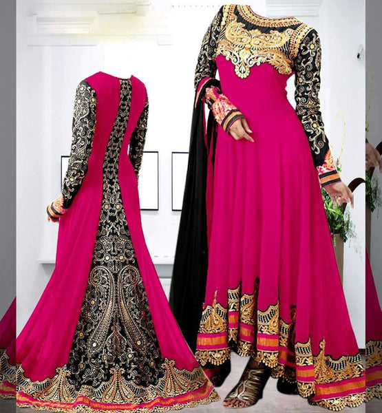 Pink and Black Georgette Floor Length Anarkali Dress - Asian Party Wear