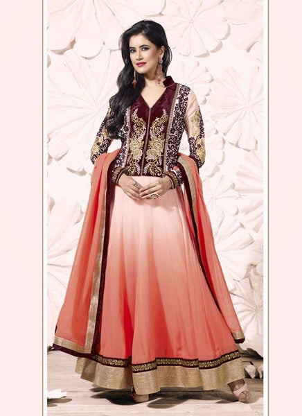 Pink and Brown Miraculous Embroidery Floor Length Anarkali Suit - Asian Party Wear