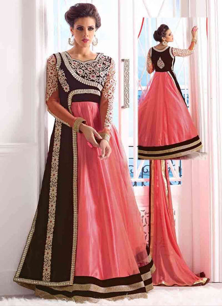 Pink and Brown WEDDING WEAR GEORGETTE & NET LONG ANARKALI SUIT - Asian Party Wear