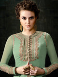 BROWN AND GREEN MUGDHA GEORGETTE ANARKALI JACKET STYLE SUIT - Asian Party Wear