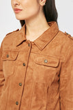 BROWN FRONT POCKET STYLE SUEDETTE JACKET FOR LADIES - Asian Party Wear