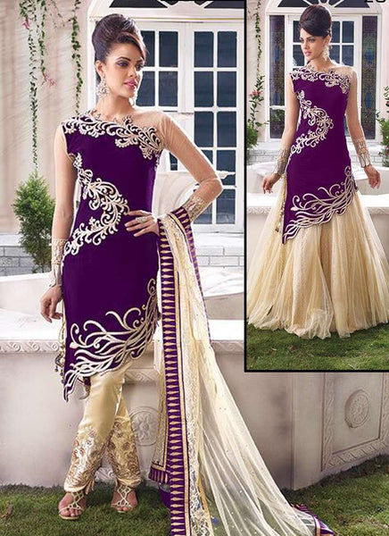 Purple and Gold ZOYA EMPRESS SPLASH VELVET LENGHAS DRESSES - Asian Party Wear