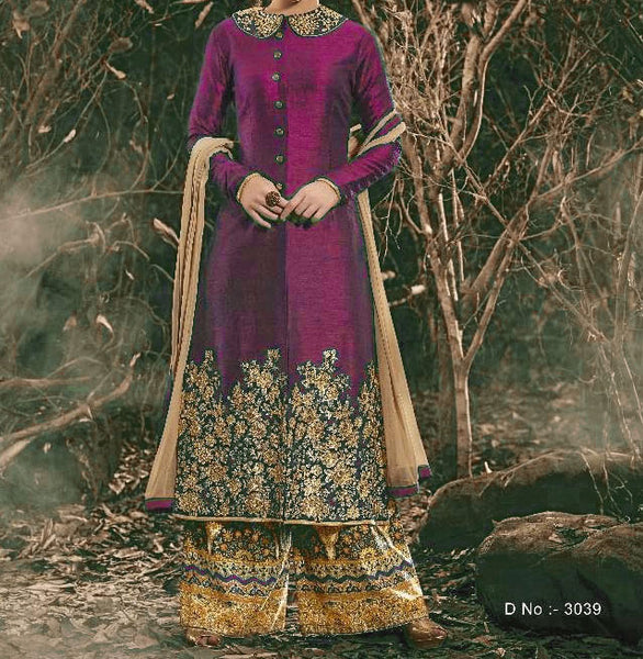 Purple Indian Bhagalpuri Floor Length Party Wear Anarkali Suit - Asian Party Wear