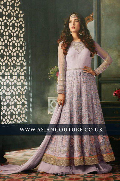 Lime Purple Indian Party Wear Asian Anarkali Wedding Bridal Gown Dress - Asian Party Wear