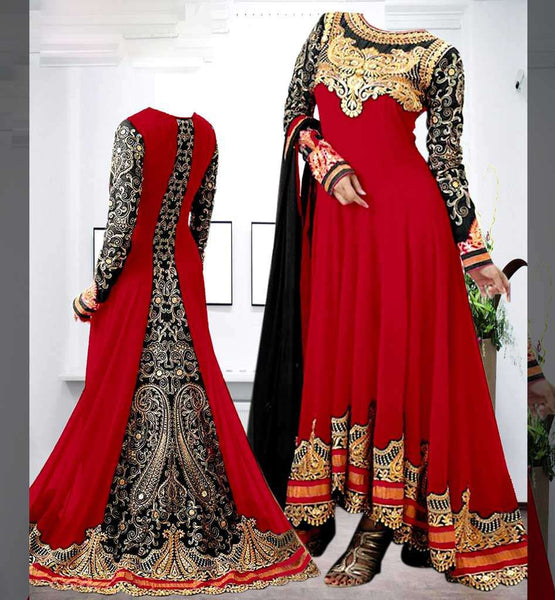 Red and Black Georgette Floor Length Anarkali Dress - Asian Party Wear