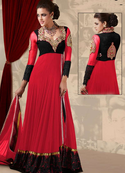 Red and black WEDDING WEAR NET & GEORGETTE LONG ANARKALI DRESS - Asian Party Wear