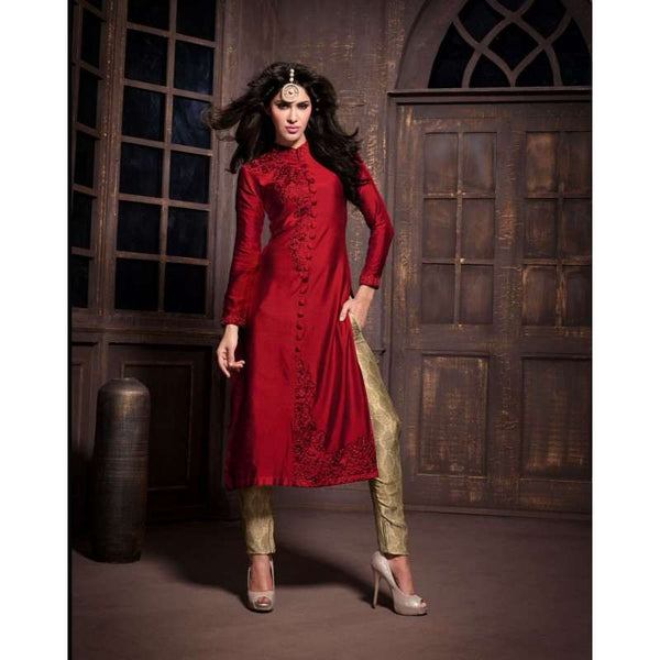 ZA14003 Red and Gold Maskeen Anaya senora Embroidered Designer Dress - Asian Party Wear