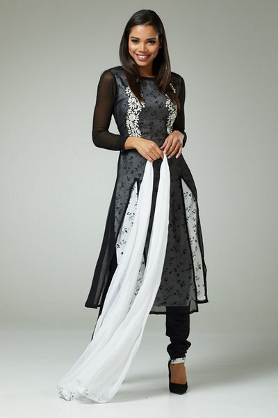 ELEGANT BLACK AND WHITE EVENING WEAR READYMADE SALWAR SUIT - Asian Party Wear