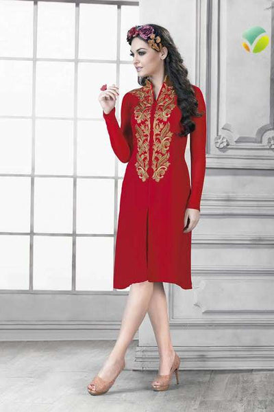 RED READYMADE GEORGETTE KURTI - Asian Party Wear