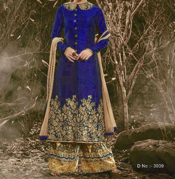 Royal Blue Indian Bhagalpuri Floor Length Party Wear Anarkali Suit - Asian Party Wear