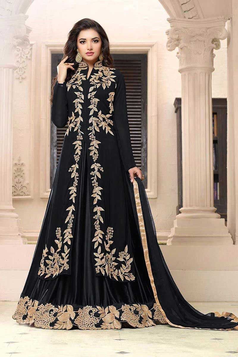 BLACK ETHNIC PARTY WEAR DESIGNER INDO WESTERN SLIT STYLE ANARKALI
