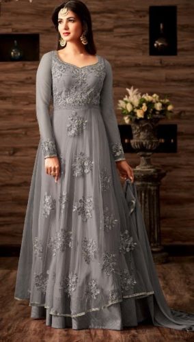 HARBOR MIST GREY TRADITIONAL INDIAN ANARKALI LEHENGA DRESS - Asian Party Wear