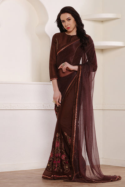 ZACS-600 BROWN DESIGNER READY MADE PARTY WEAR INDIAN SAREE - Asian Party Wear