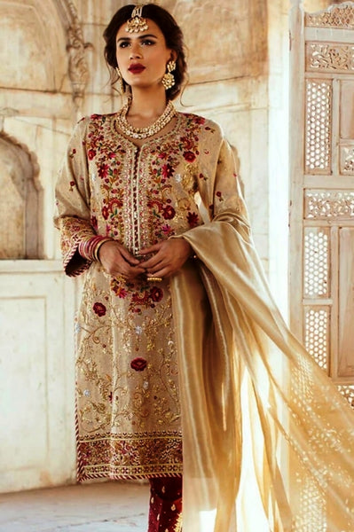 BEIGE PAKISTANI DESIGNER PARTY WEDDING SALWAR SUIT - Asian Party Wear