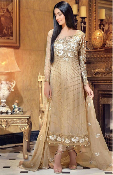 Z SANOBAR 2023 GOLD BEIGE PREMIUM GEORGETTE PAKISTANI STYLE SUIT - Asian Party Wear