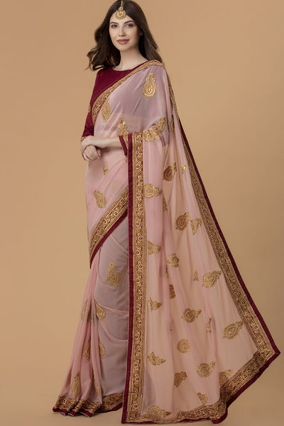 CORAL PINK & MAROON PARTY DESIGNER SAREE - Asian Party Wear