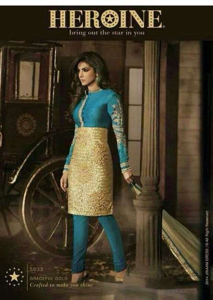 Sea Blue with Gold priyanka chopra HEROINE Straight Cut Designer Dress - Asian Party Wear