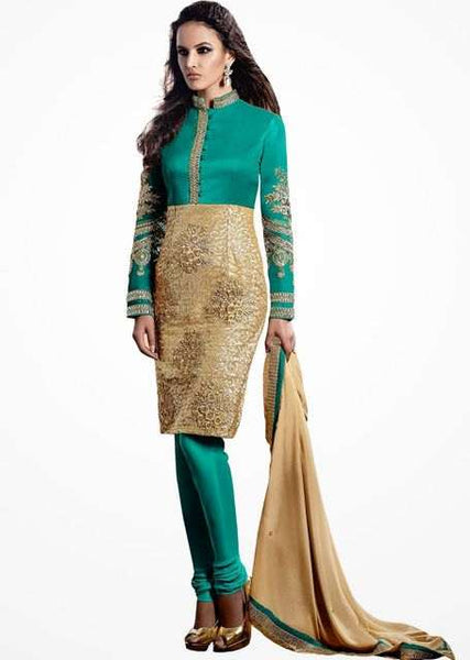 Sea Green and gold HEROINE Straight Cut Designer Dress - Asian Party Wear