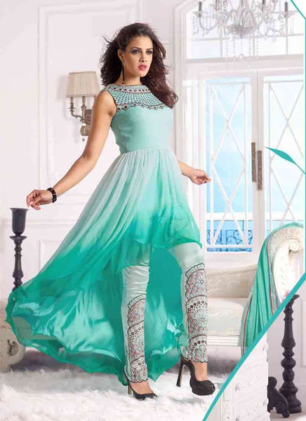 Sea Green WEDDING WEAR GEORGETTE & NET LONG ANARKALI SUIT - Asian Party Wear