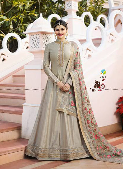 7174 SILVER SILK LONG ANARKALI WEDDING STYLE GOWN  (3 week delivery) - Asian Party Wear