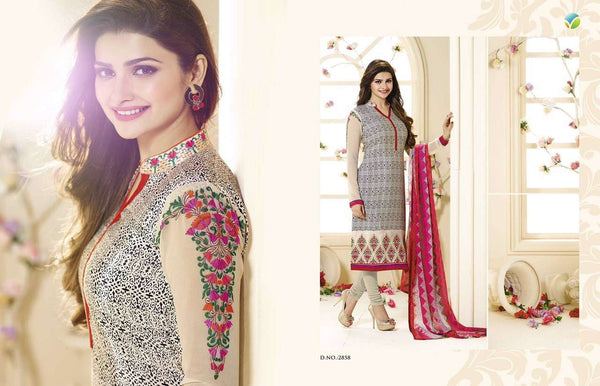 SLK2858 - Rose with White and Black Patterns Kaseesh Silkina Royal Crepe 3 Salwar Kameez Suit - Asian Party Wear