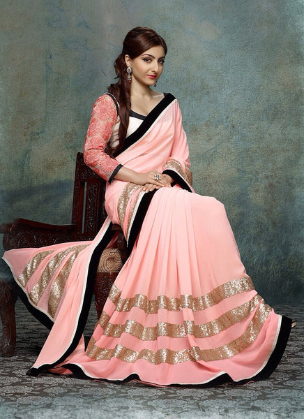 Soha Ali Khan Peach Georgette Casual Saree - Asian Party Wear